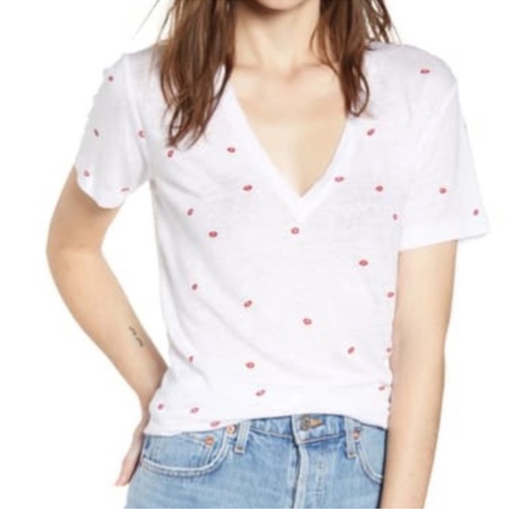 Rails Cara Kisses V-Neck linen T-shirt w Kiss Lip Print M